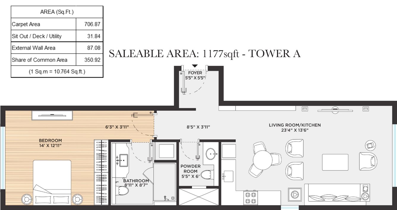 Bhartiya Leela Residences (1BHK+1T (1,177 sq ft) 1177 sq ft)