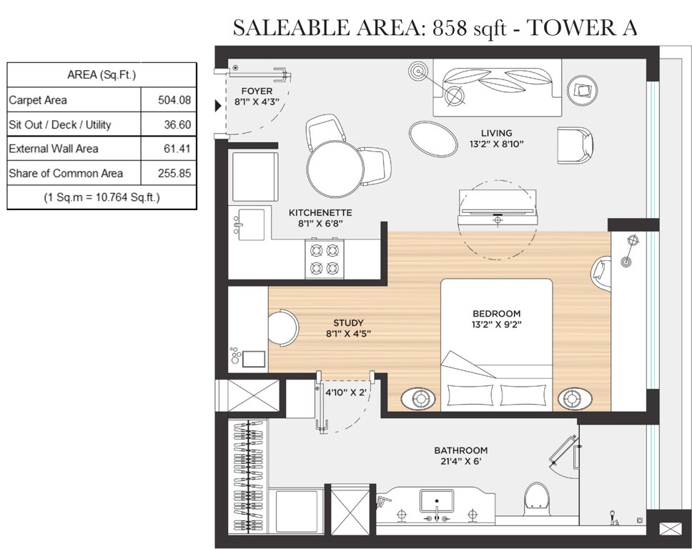 Bhartiya Leela Residences (1BHK+1T (858 sq ft) 858 sq ft)
