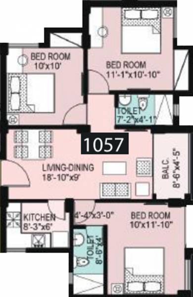 Shrachi Pearl (3BHK+2T (1,057 sq ft) 1057 sq ft)
