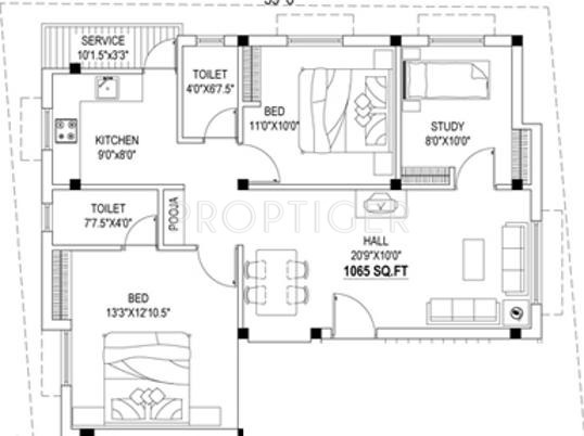 Aswin Shelters (2BHK+2T (1,065 sq ft)   Study Room 1065 sq ft)