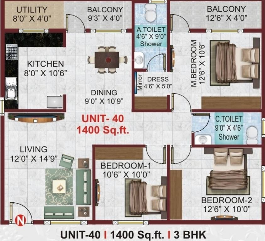 Sri Nandana Royal (3BHK+2T (1,400 sq ft) 1400 sq ft)
