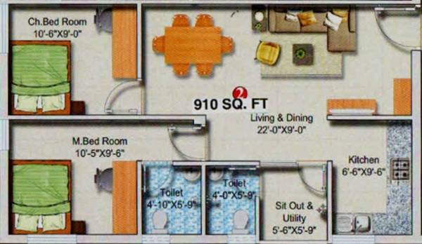 KT Towers (2BHK+2T (910 sq ft) 910 sq ft)