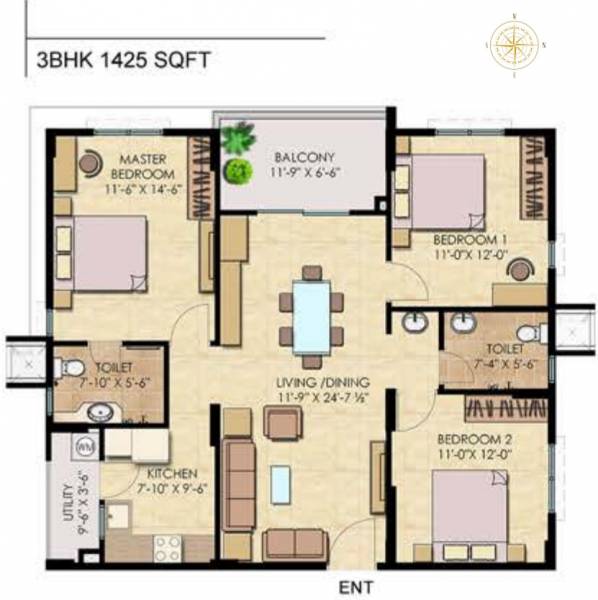 Raheja Vistas Tower D To F (3BHK+3T (1,425.03 sq ft) 1425.03 sq ft)