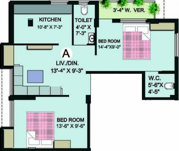  Green View (2BHK+2T (890 sq ft) 890 sq ft)