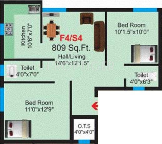 Mahaveer Helios (2BHK+2T (809 sq ft) 809 sq ft)