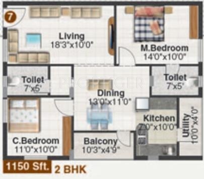 Pegasus Vrushabhadri Willows (2BHK+2T (1,150 sq ft) 1150 sq ft)