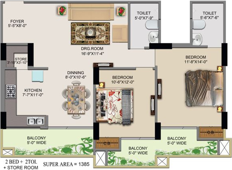 Pacific Hills (2BHK+2T (1,385 sq ft) 1385 sq ft)