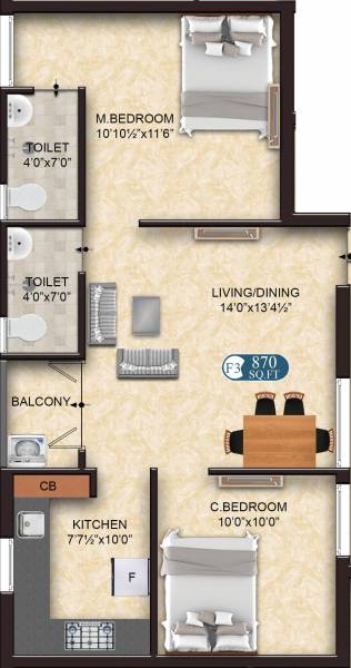 The Nest Pride (2BHK+2T (870 sq ft) 870 sq ft)