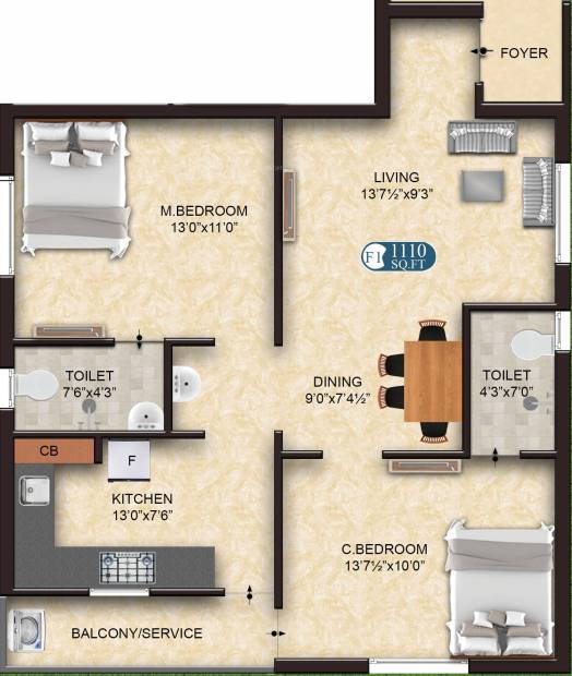The Nest Pride (2BHK+2T (1,110 sq ft) 1110 sq ft)