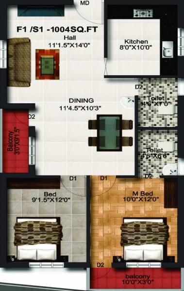 Vishnu Shri Vaari Homes (2BHK+2T (1,004 sq ft) 1004 sq ft)