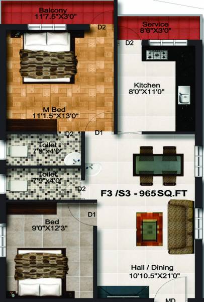 Vishnu Shri Vaari Homes (2BHK+2T (965 sq ft) 965 sq ft)