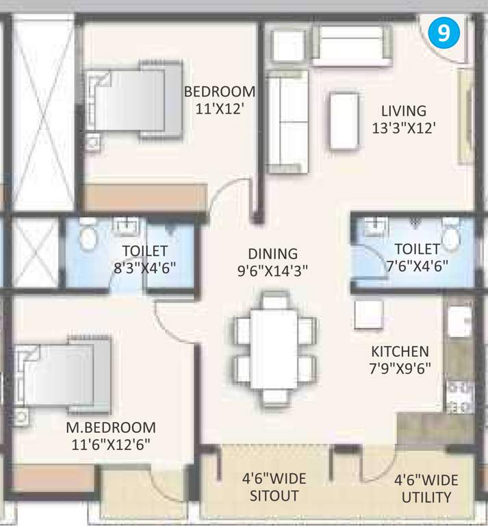 Rsun Clover Apartments Homes (2BHK+2T (1,105 sq ft) 1105 sq ft)