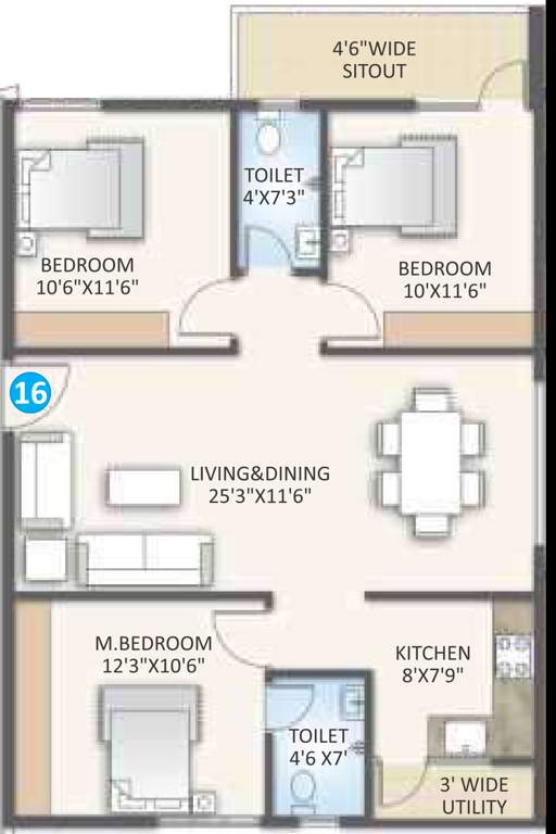 Rsun Clover Apartments Homes (3BHK+3T (1,225 sq ft) 1225 sq ft)