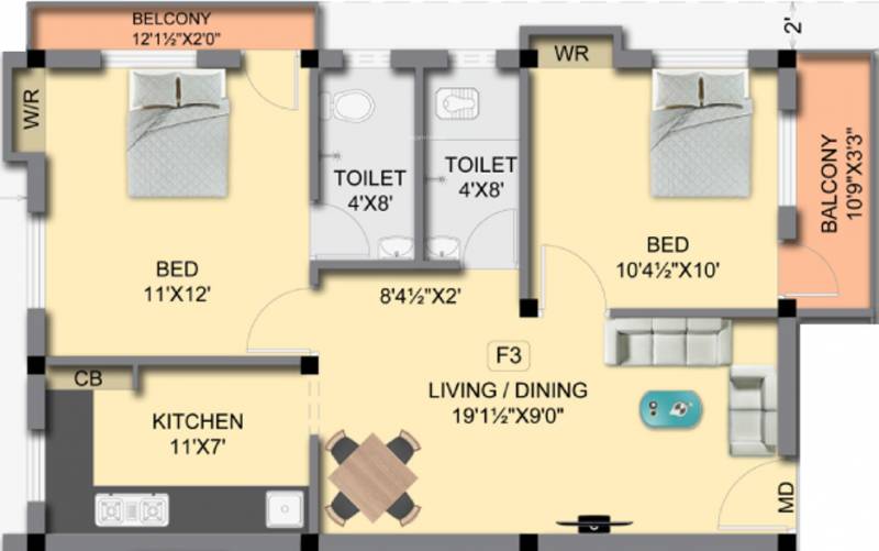 Minerva Empire Tulip Fort (2BHK+2T (903 sq ft) 903 sq ft)