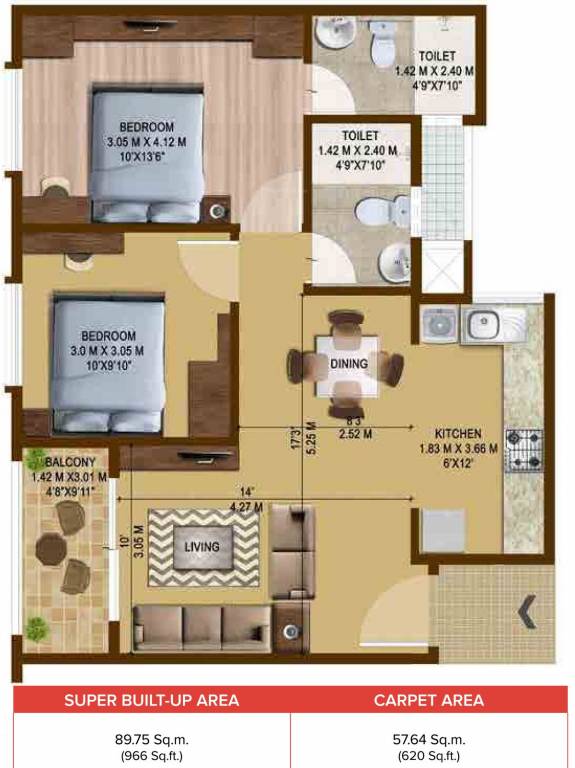 Brigade Bricklane (2BHK+2T (966.06 sq ft) 966.06 sq ft)