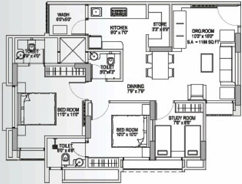 Anchor Yash Arian (3BHK+3T (1,188 sq ft) + Study Room 1188 sq ft)