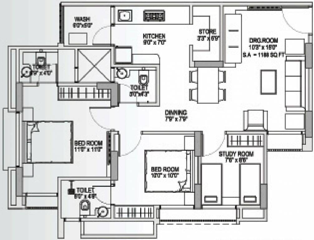 Anchor Yash Arian (3BHK+3T (1,188 sq ft) + Study Room 1188 sq ft)