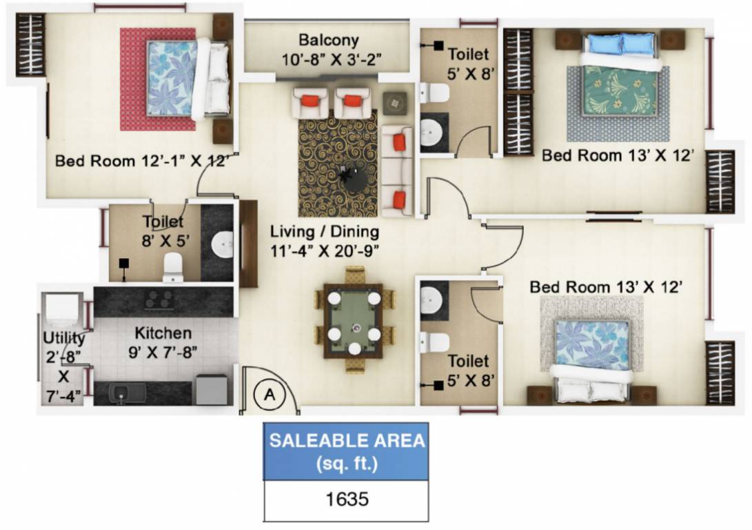 Ideal Ideal Paradiso (3BHK+3T (1,635 sq ft) 1635 sq ft)