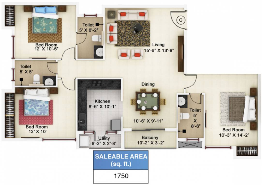 Ideal Ideal Paradiso (3BHK+3T (1,750 sq ft) 1750 sq ft)