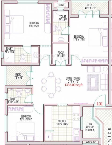 Harmony Bluemoon (3BHK+3T (1,336 sq ft)   Pooja Room 1336 sq ft)
