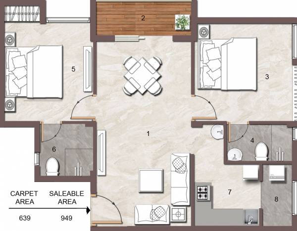 Jain Anukriti (2BHK+2T (949 sq ft) 949 sq ft)