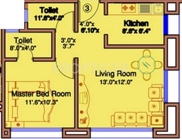 Rubberwala Sana Height Floor Plan (1BHK+2T)