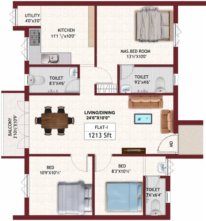 Chozha Flair (3BHK+3T (1,213 sq ft) 1213 sq ft)