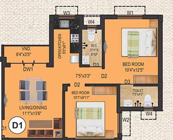 Eden Tolly Cascades (2BHK+2T (805 sq ft) 805 sq ft)