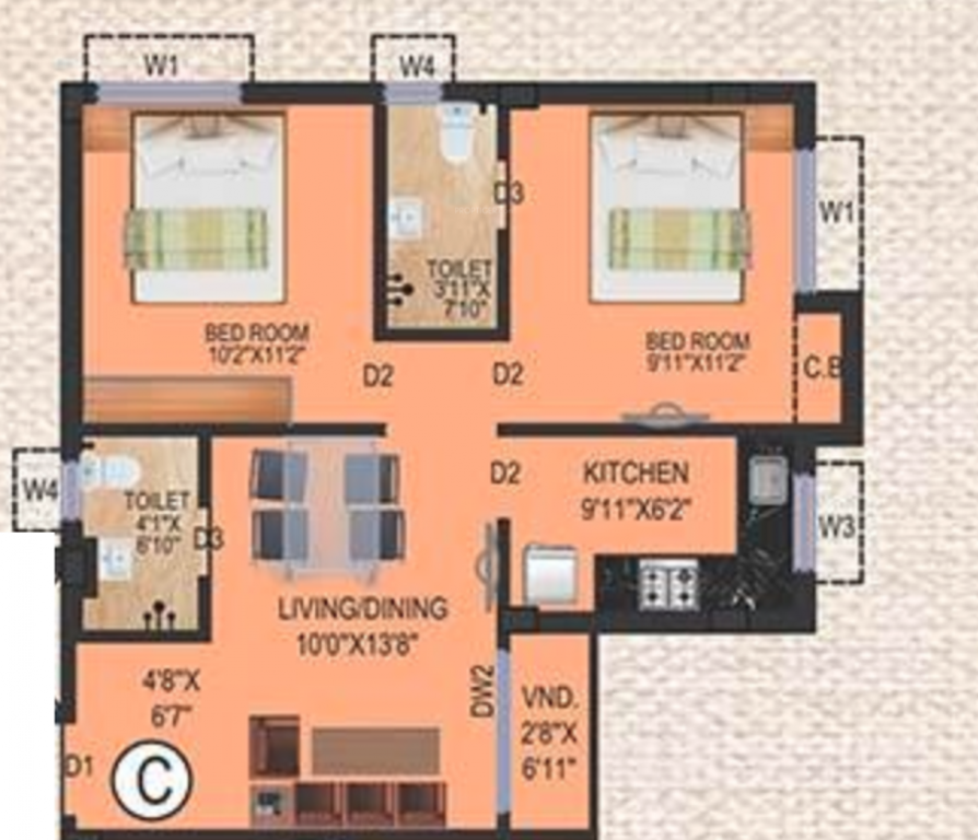 Eden Tolly Cascades (2BHK+2T (841 sq ft) 841 sq ft)