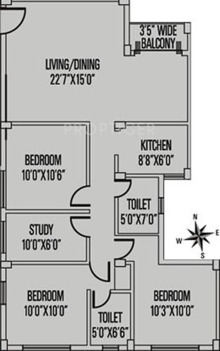Siddha Town (3BHK+2T (1,335 sq ft) + Study Room 1335 sq ft)