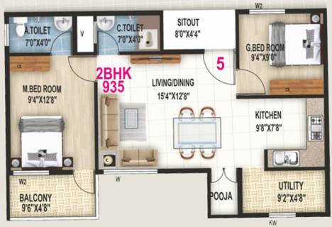 938 sq ft 2 BHK Floor Plan Image - Brownstone Foundations Agate Available  for sale 