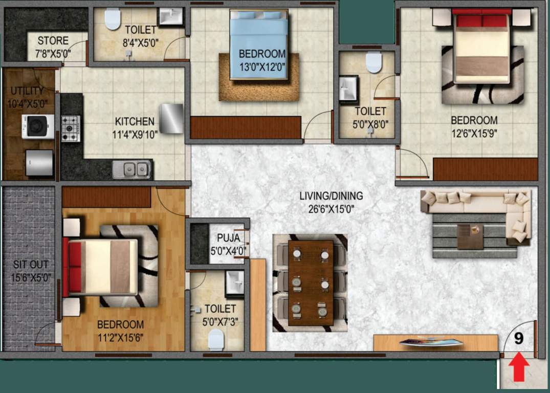 Heriitage Signature (3BHK+3T (1,975 sq ft) + Pooja Room 1975 sq ft)