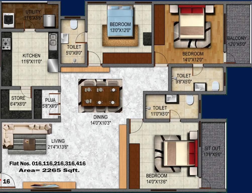 Heriitage Signature (3BHK+3T (2,265 sq ft) + Pooja Room 2265 sq ft)