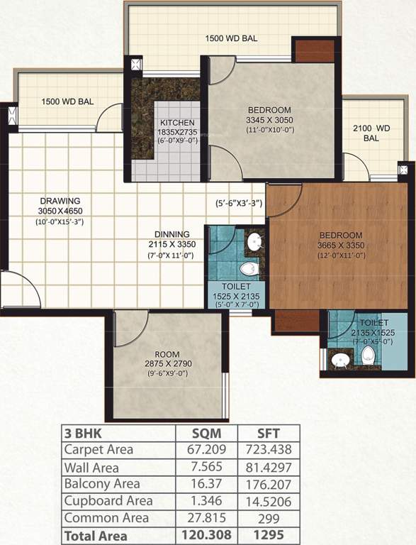 AIG Royal (2BHK+2T (1,295 sq ft) + Study Room 1295 sq ft)