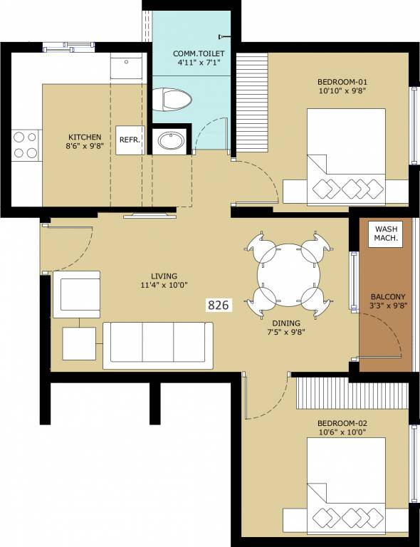 TVS Emerald Flourish Apartment (2BHK+2T (826 sq ft) 826 sq ft)