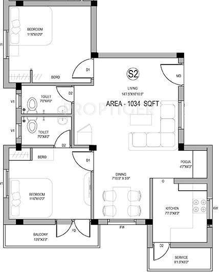 Ganga Sai Kalp Niketan Apartments (2BHK+2T (1,034 sq ft) 1034 sq ft)