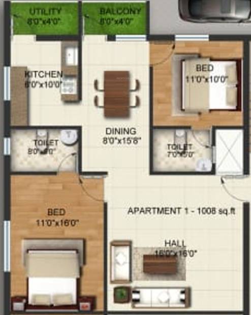 KS Atti Apartments  (2BHK+2T (1,008 sq ft) 1008 sq ft)