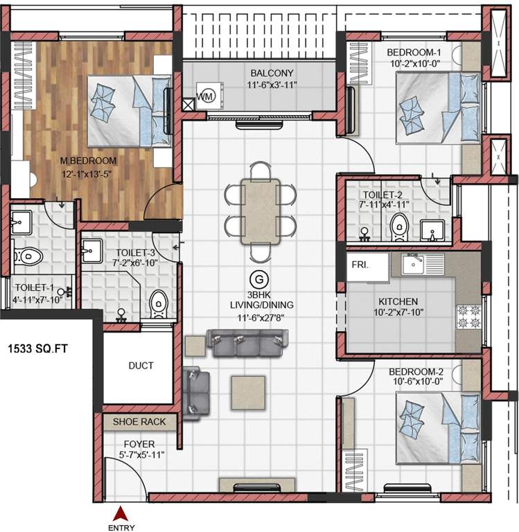 Fomra Hues (3BHK+3T (1,533 sq ft) 1533 sq ft)