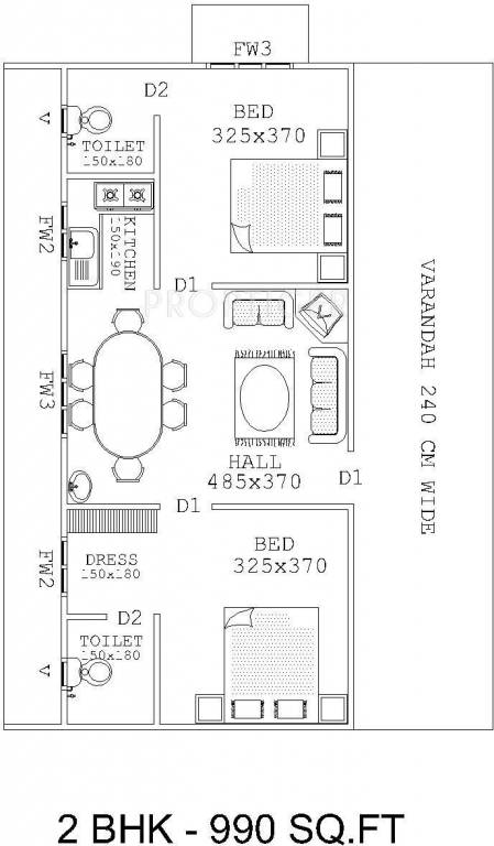  Manor (2BHK+2T (990 sq ft) 990 sq ft)