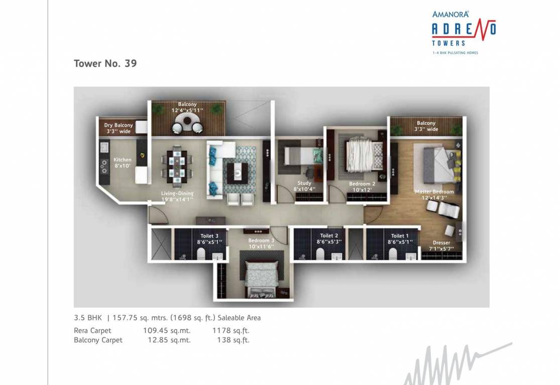 Amanora Amanora Adreno Towers (3BHK (1316.44 sq ft) 1316.44 sq ft)