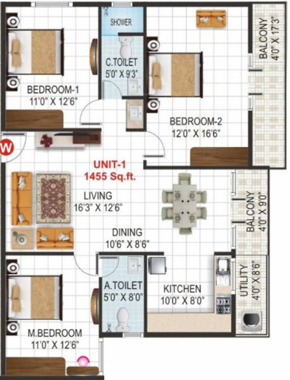 V K Krishna Gardenia (3BHK+2T (1,455 sq ft) 1455 sq ft)