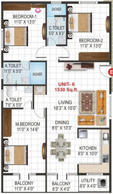 V K Krishna Gardenia (3BHK+3T (1,530 sq ft) 1530 sq ft)