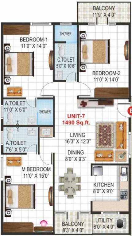 V K Krishna Gardenia (3BHK+3T (1,490 sq ft) 1490 sq ft)