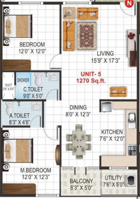 V K Krishna Gardenia (2BHK+2T (1,270 sq ft) 1270 sq ft)