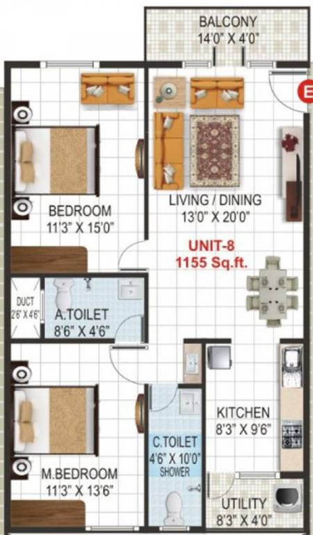 V K Krishna Gardenia (2BHK+2T (1,155 sq ft) 1155 sq ft)
