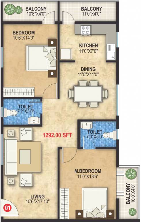 DLR Pride (2BHK+2T (1,292 sq ft) 1292 sq ft)