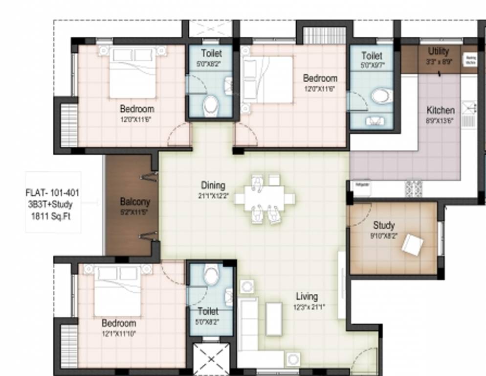 Elegant Palmera Garden (3BHK+3T (1,811 sq ft) + Study Room 1811 sq ft)
