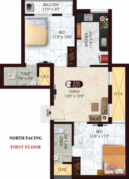 DAC Prapthi (2BHK+2T (826 sq ft) 826 sq ft)