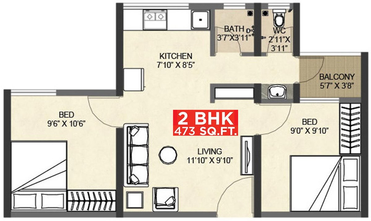 Vascon Goodlife Phase C (2BHK+2T (473 sq ft) 473 sq ft)
