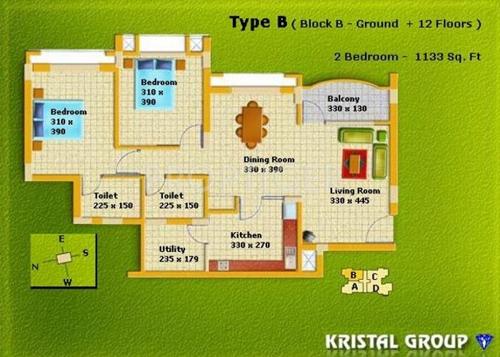 Kristal Emerald A (2BHK+2T (1,133 sq ft) 1133 sq ft) Kristal Emerald A (2BHK+2T (1,133 sq ft) 1133 sq ft)